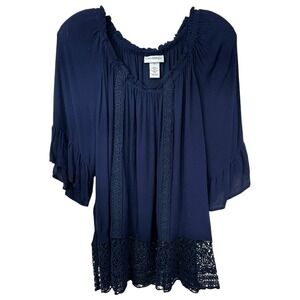 Catherines Plus Size 1X Top Navy‎ Blue Crochet Lace Trim Off Shoulder Solid 1714